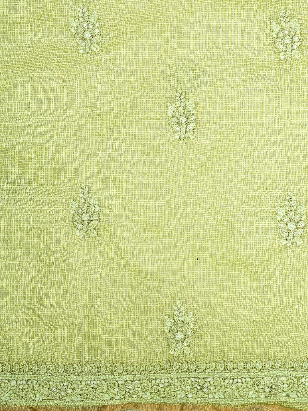 Ada Hand Embroidered Pista Green Kota Lucknowi Chikankari Unstitched Kurta Dupatta Set With Sequinned Work 01A850087