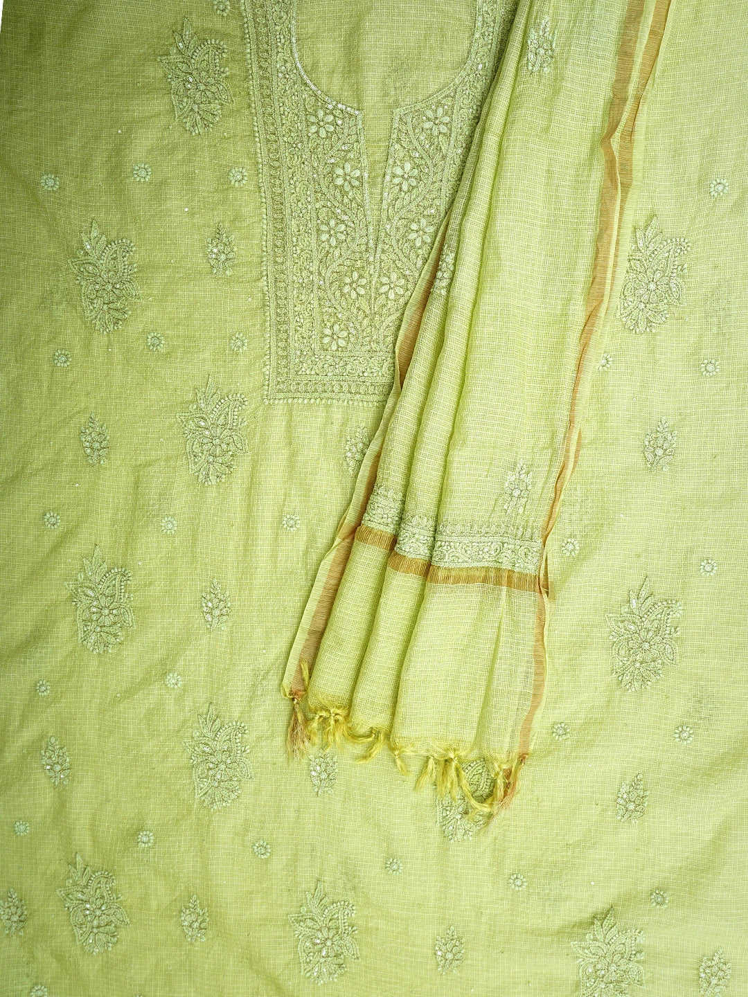 Ada Hand Embroidered Pista Green Kota Lucknowi Chikankari Unstitched Kurta Dupatta Set With Sequinned Work 01A850087