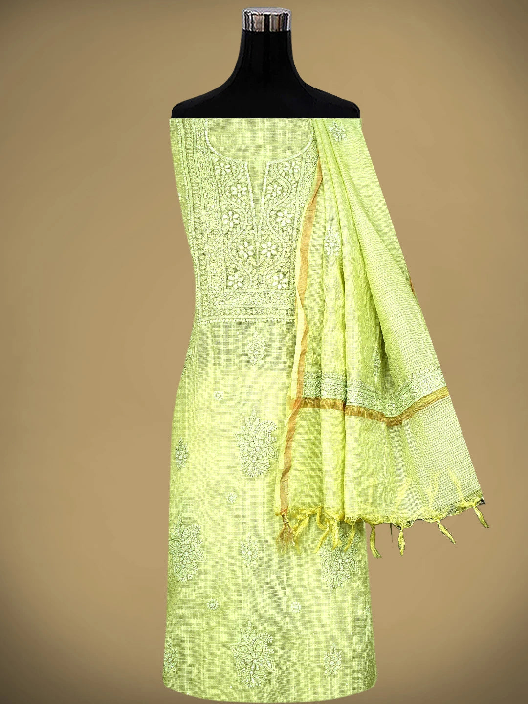 Ada Hand Embroidered Pista Green Kota Lucknowi Chikankari Unstitched Kurta Dupatta Set With Sequinned Work 01A850087