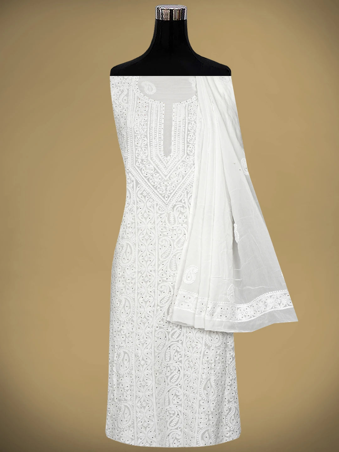 Ada Hand Embroidere White Viscose Georgette Lucknowi Chikankari Unstitched Kurta Dupatta Set With Muqaish/Mukaish Work 01A699201