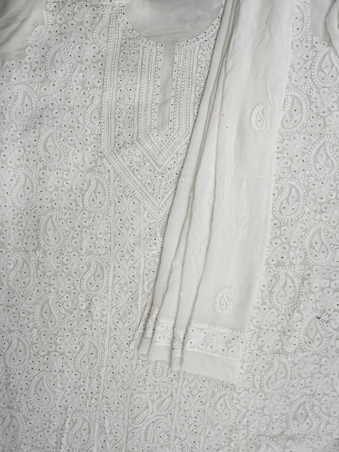 Ada Hand Embroidere White Viscose Georgette Lucknowi Chikankari Unstitched Kurta Dupatta Set With Muqaish/Mukaish Work 01A699201