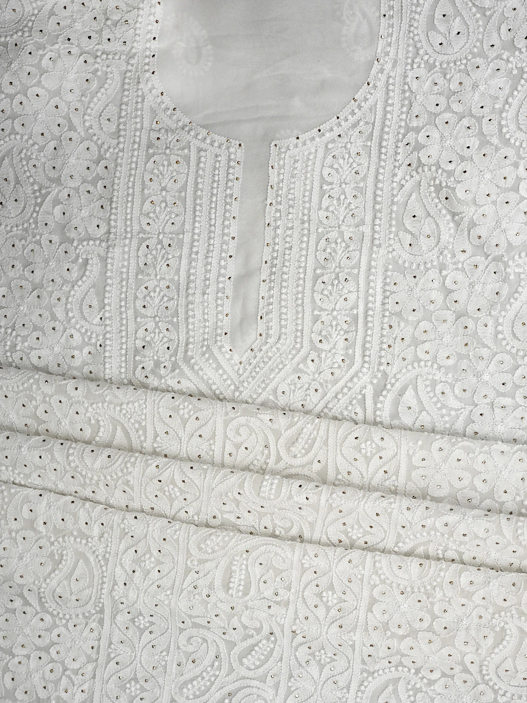 Ada Hand Embroidere White Viscose Georgette Lucknowi Chikankari Unstitched Kurta Dupatta Set With Muqaish/Mukaish Work 01A699201