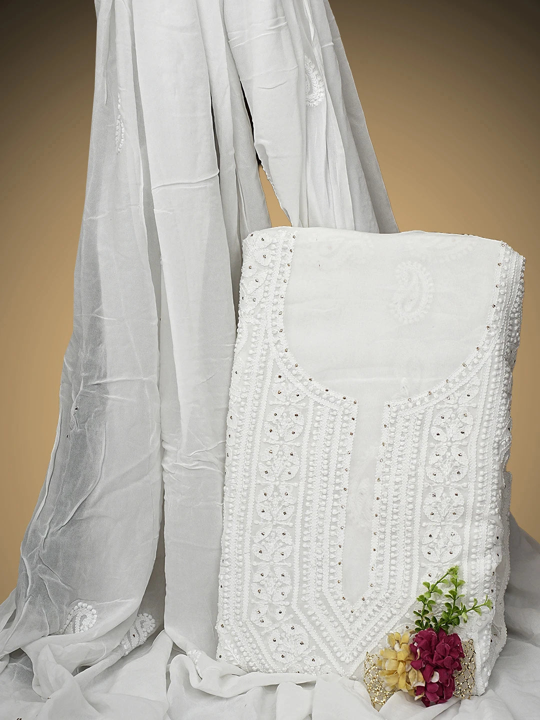Ada Hand Embroidere White Viscose Georgette Lucknowi Chikankari Unstitched Kurta Dupatta Set With Muqaish/Mukaish Work 01A699201
