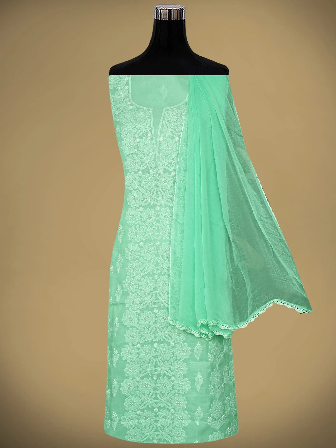 Ada Hand Embroidered Sea Green Cotton Lucknowi Chikankari Unstitched Suit Piece 01A959628