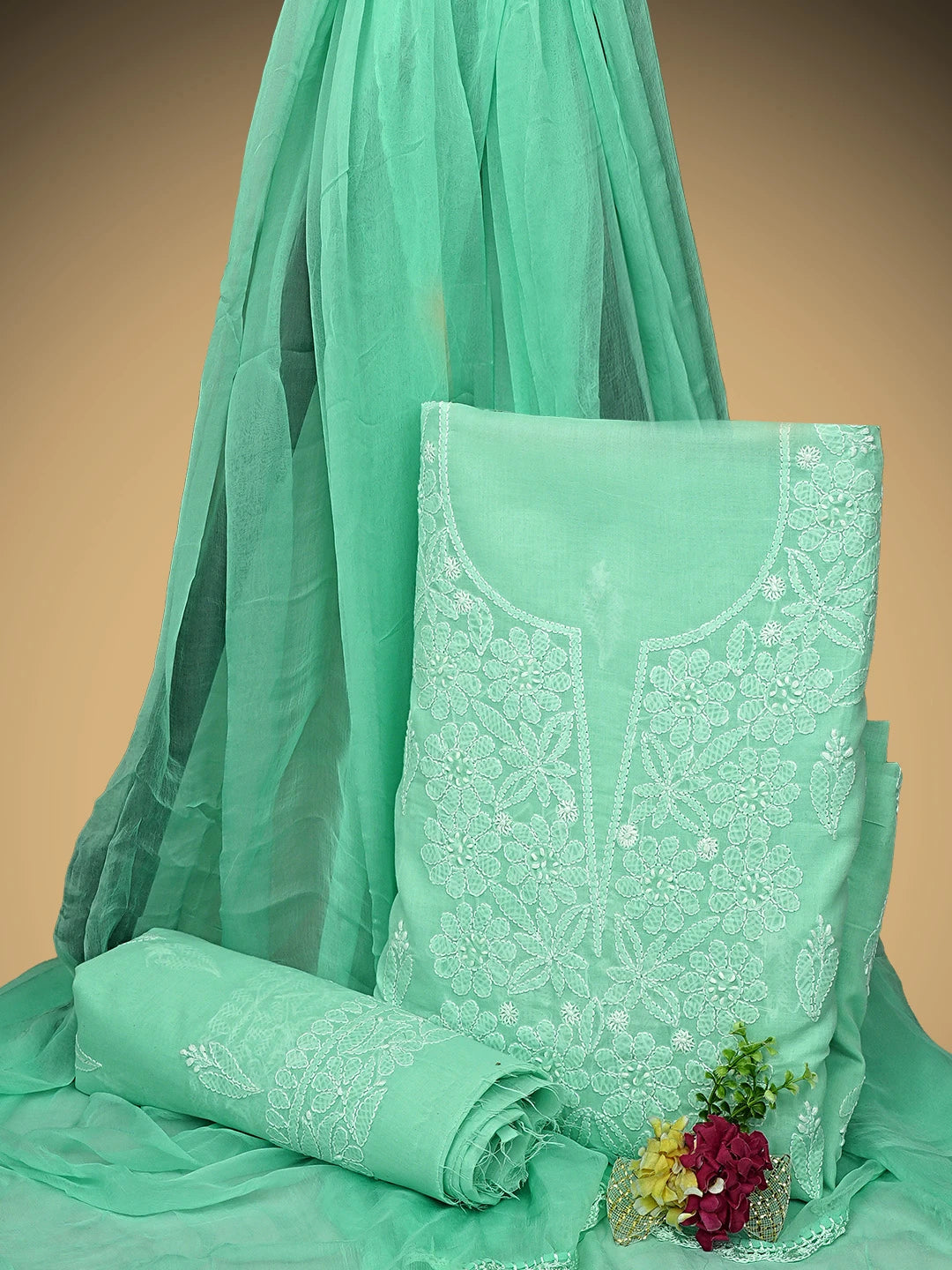 Ada Hand Embroidered Sea Green Cotton Lucknowi Chikankari Unstitched Suit Piece 01A959628