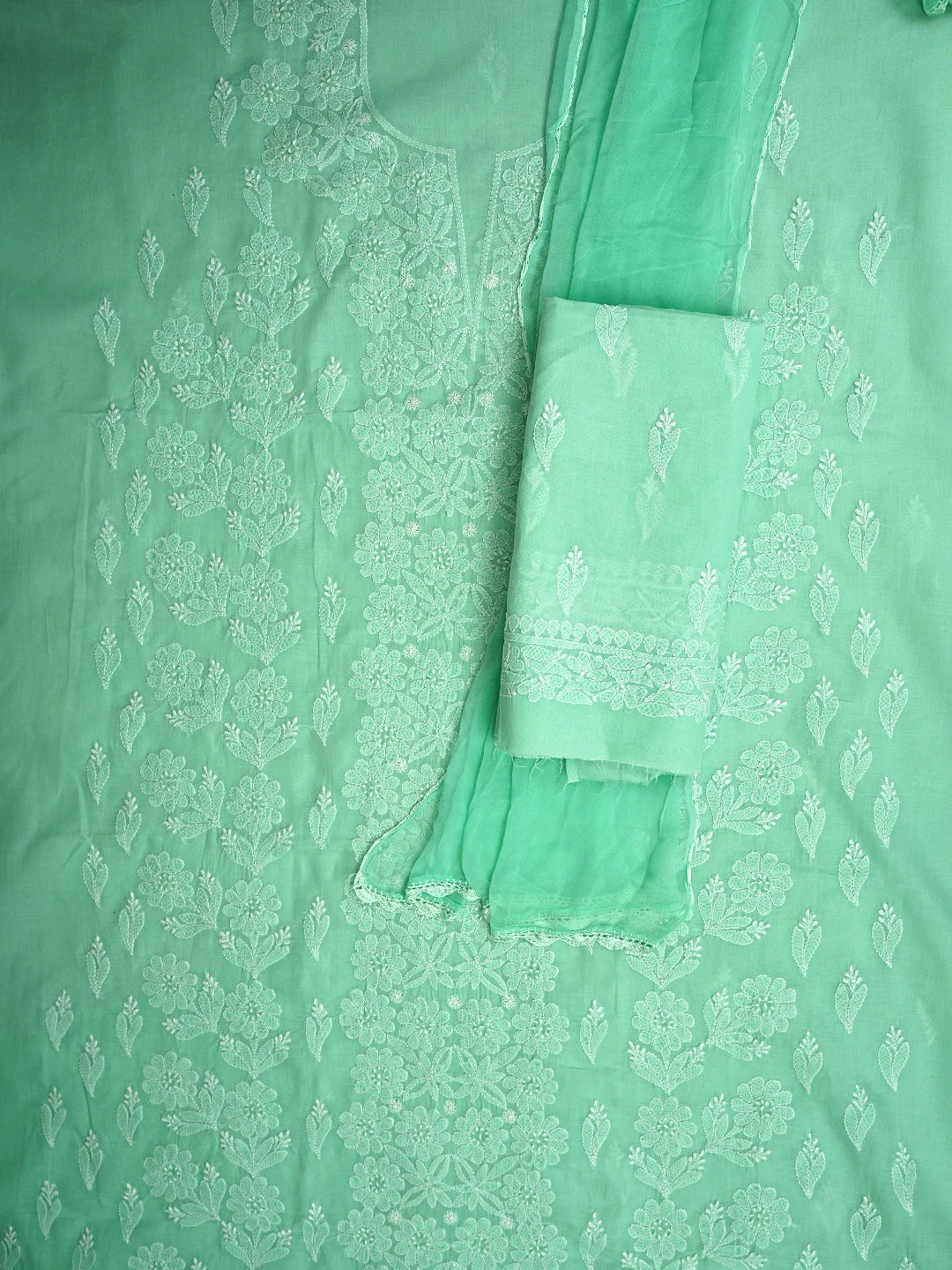 Ada Hand Embroidered Sea Green Cotton Lucknowi Chikankari Unstitched Suit Piece 01A959628
