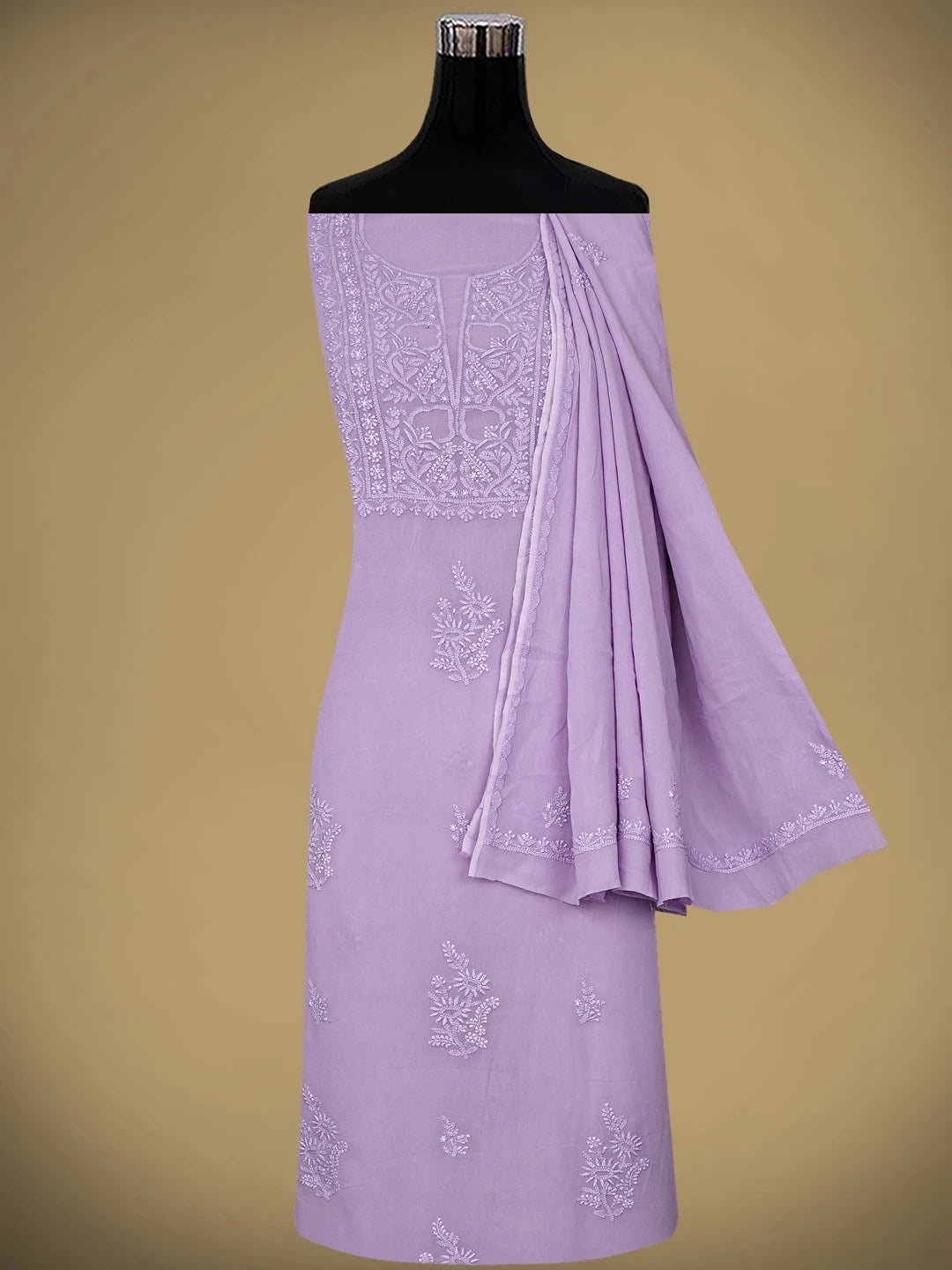 Ada Hand Embroidered Lavender Viscose Georgette Lucknowi Chikankari Unstitched Kurta Dupatta Set 01A810424