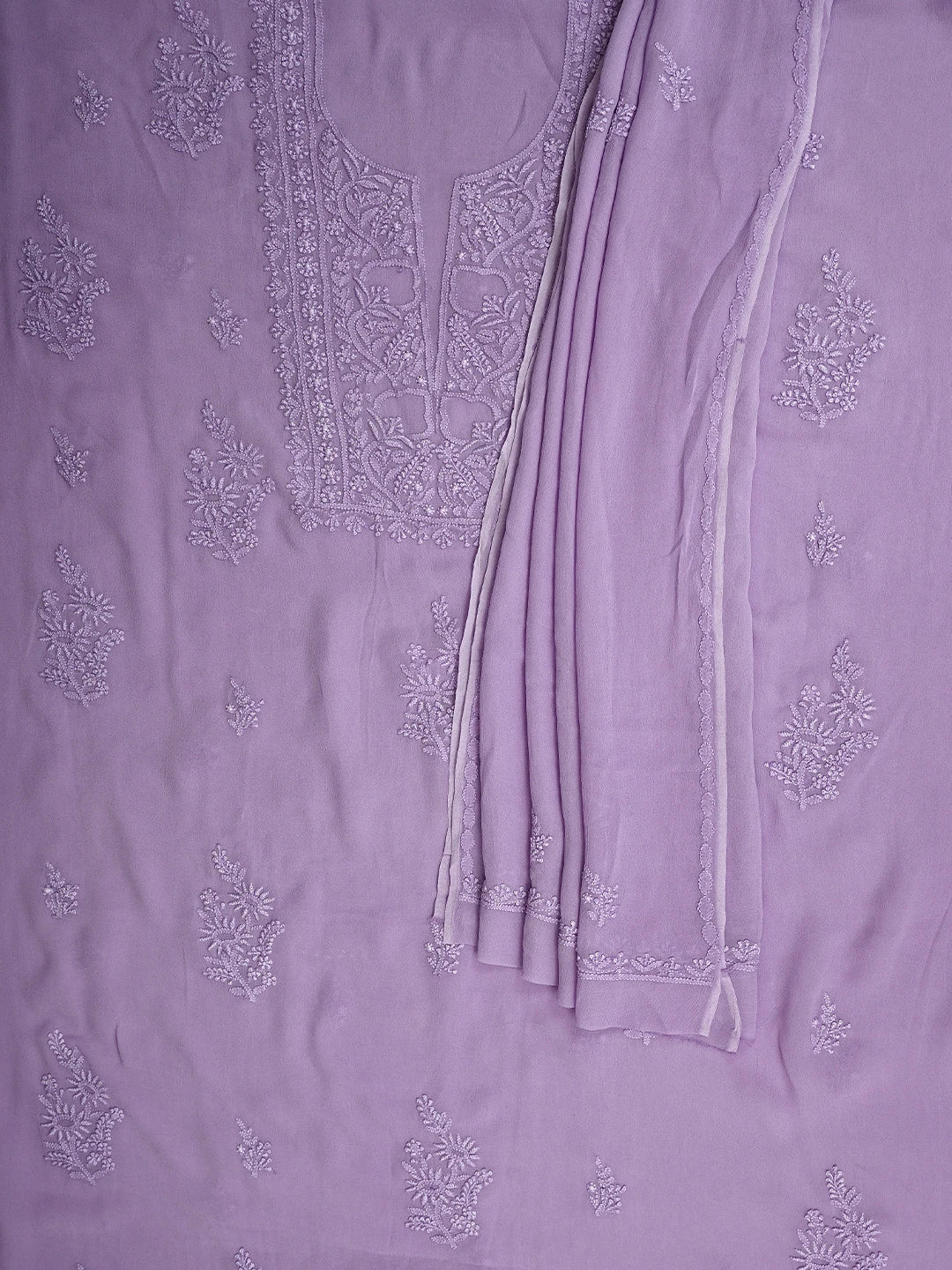 Ada Hand Embroidered Lavender Viscose Georgette Lucknowi Chikankari Unstitched Kurta Dupatta Set 01A810424