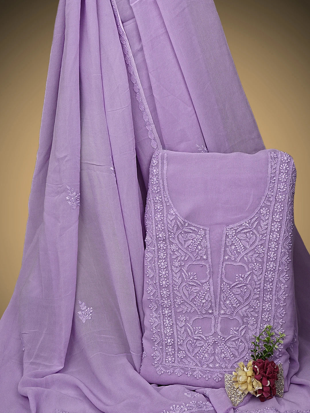 Ada Hand Embroidered Lavender Viscose Georgette Lucknowi Chikankari Unstitched Kurta Dupatta Set 01A810424