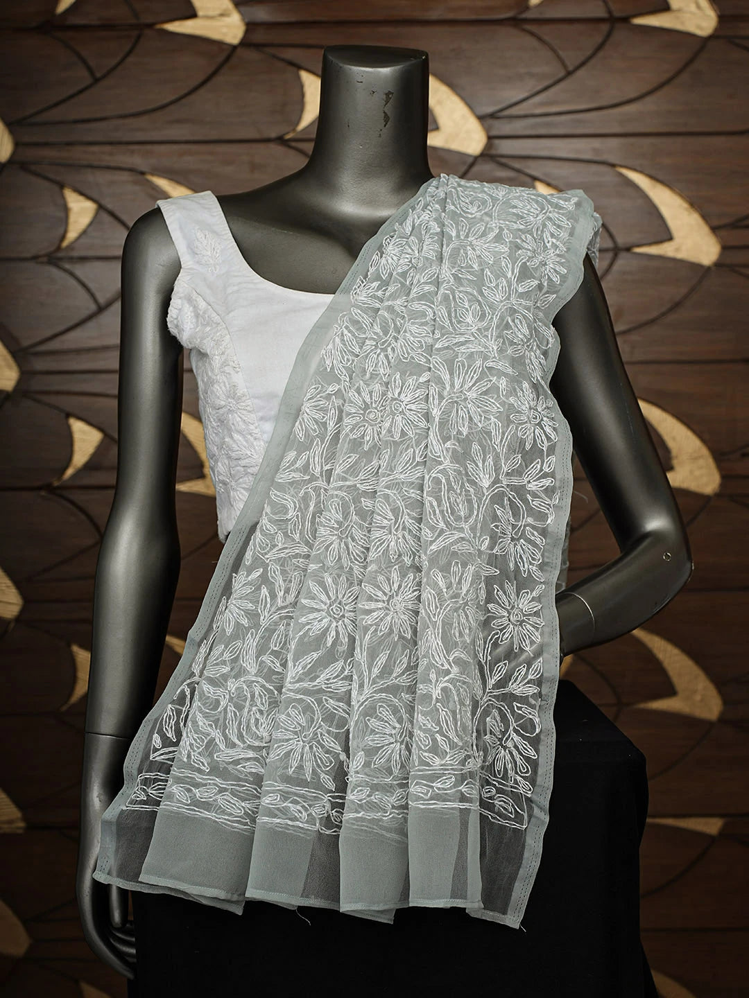 Ada Hand Embroidered Grey Faux Georgette Lucknowi Chikankari Dupatta 01A859599