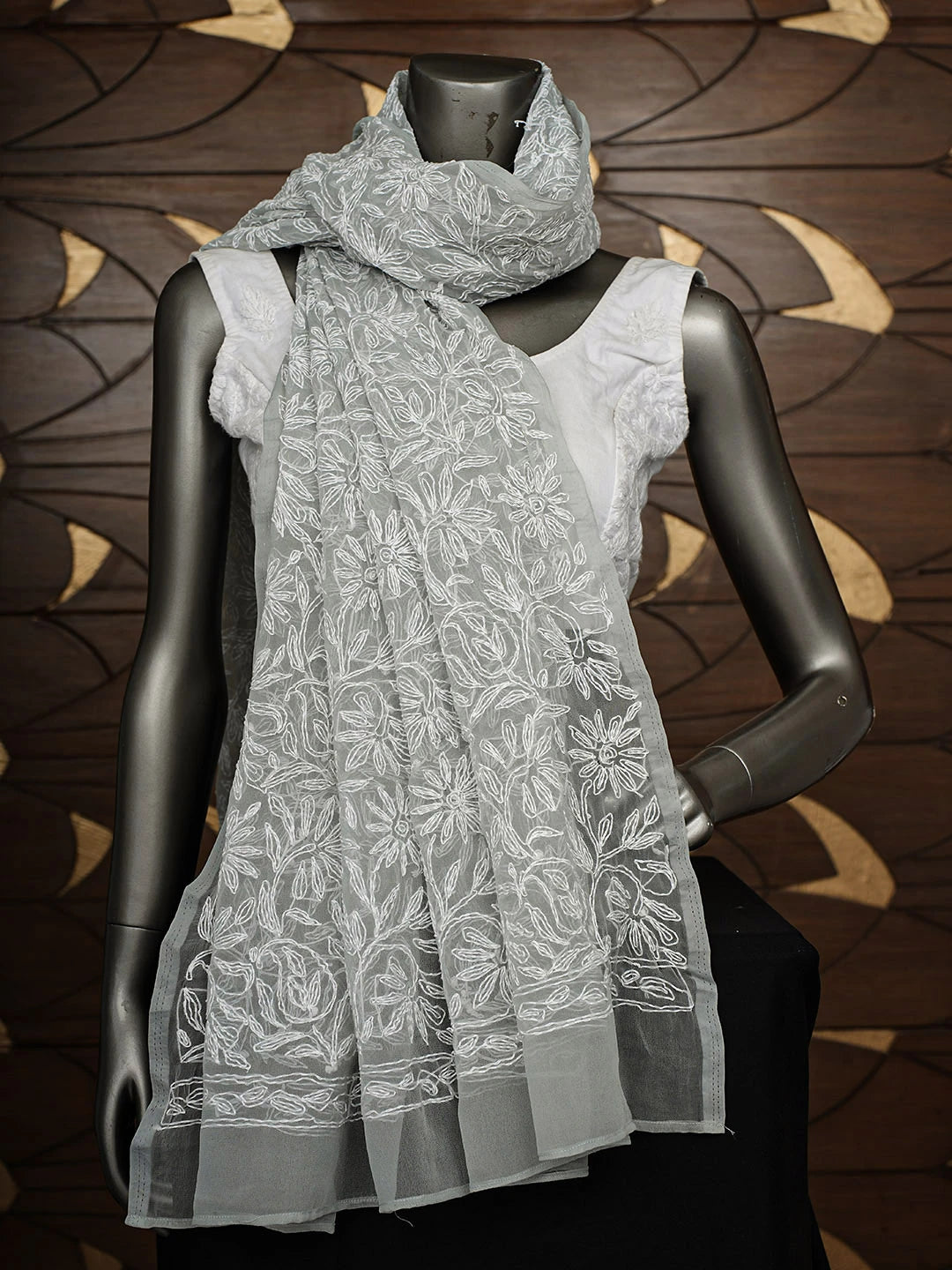 Ada Hand Embroidered Grey Faux Georgette Lucknowi Chikankari Dupatta 01A859599