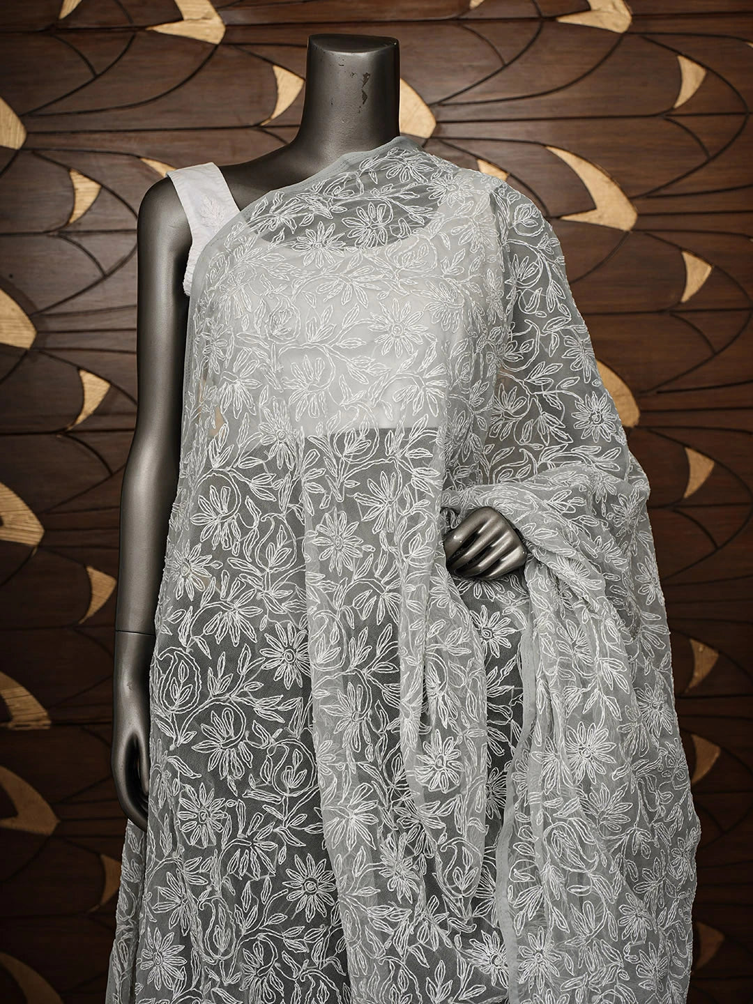 Ada Hand Embroidered Grey Faux Georgette Lucknowi Chikankari Dupatta 01A859599