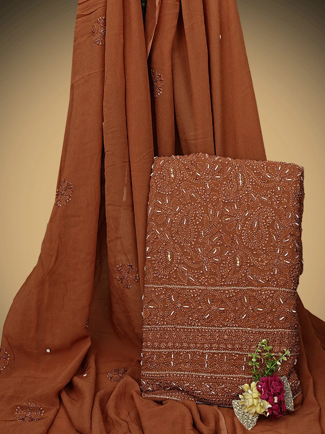 Ada Hand Embroidered Brown Viscose Georgette Lucknowi Chikankari Unstitched Kurta Dupatta Set With Pearl Work 01A933588