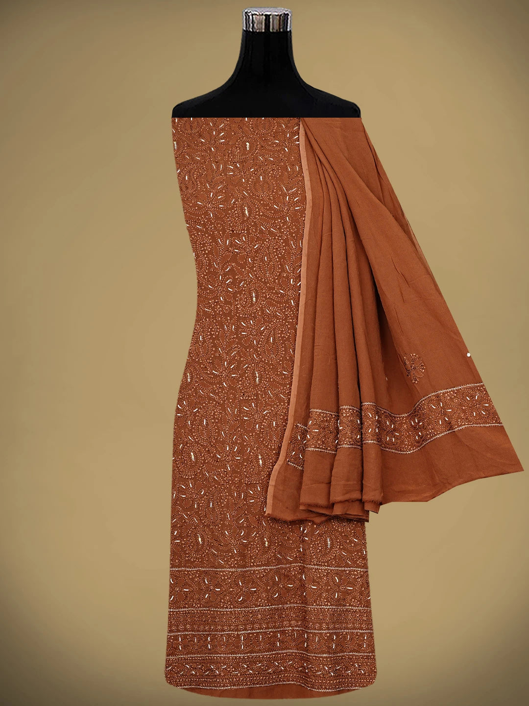 Ada Hand Embroidered Brown Viscose Georgette Lucknowi Chikankari Unstitched Kurta Dupatta Set With Pearl Work 01A933588