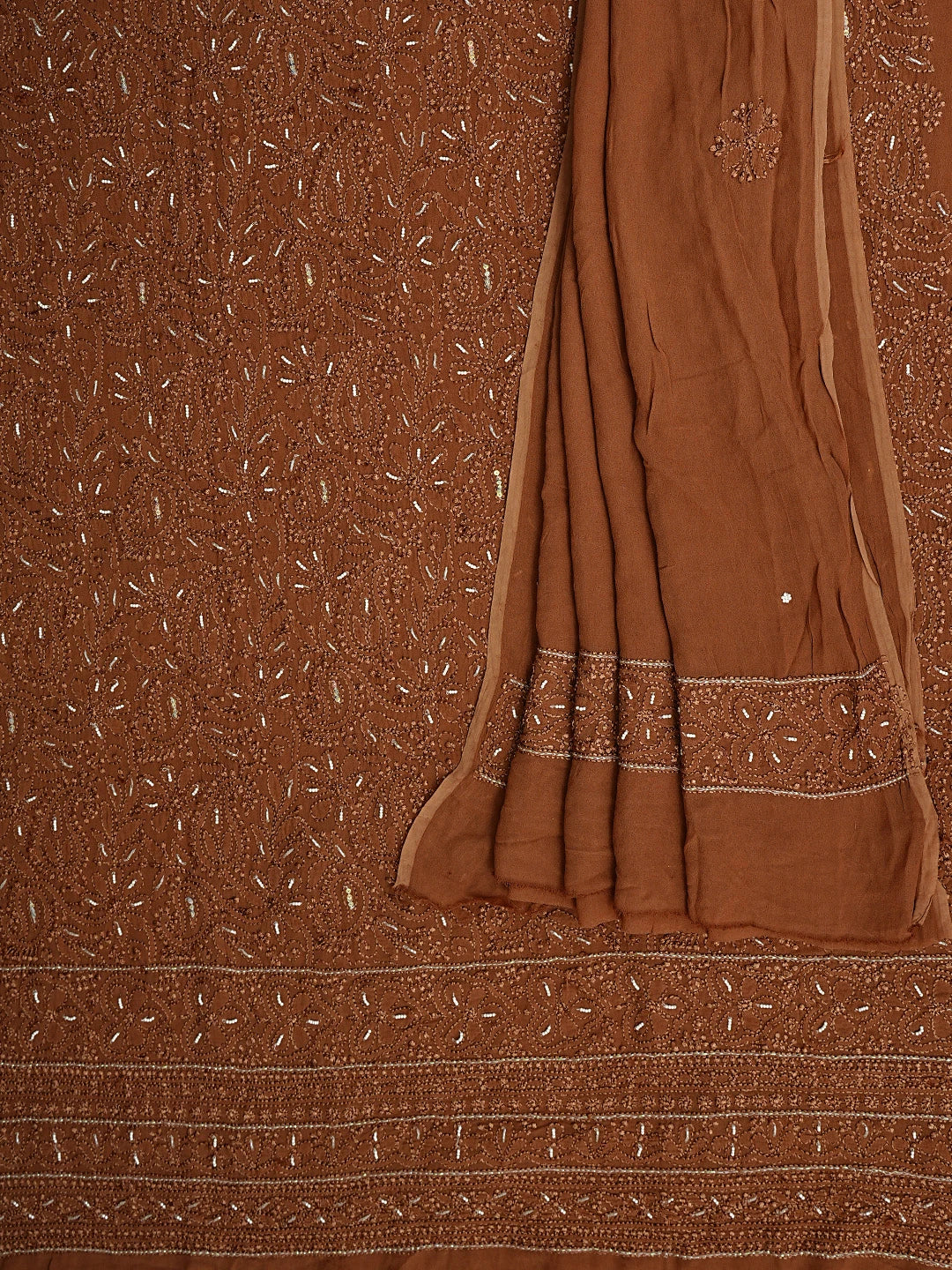 Ada Hand Embroidered Brown Viscose Georgette Lucknowi Chikankari Unstitched Kurta Dupatta Set With Pearl Work 01A933588