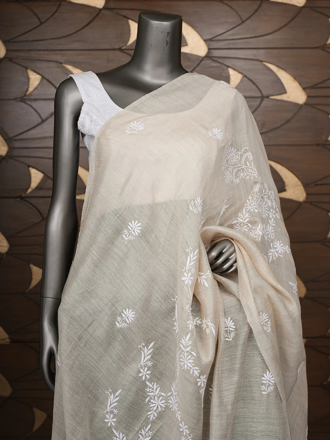 Ada Hand Embroidered Fawn Moonga Silk Lucknowi Chikankari Dupatta 01A881939