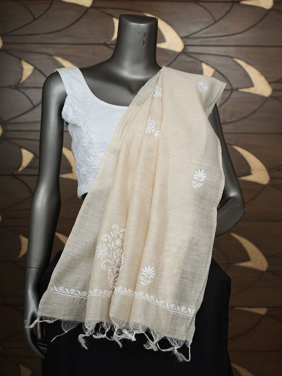 Ada Hand Embroidered Fawn Moonga Silk Lucknowi Chikankari Dupatta 01A881939