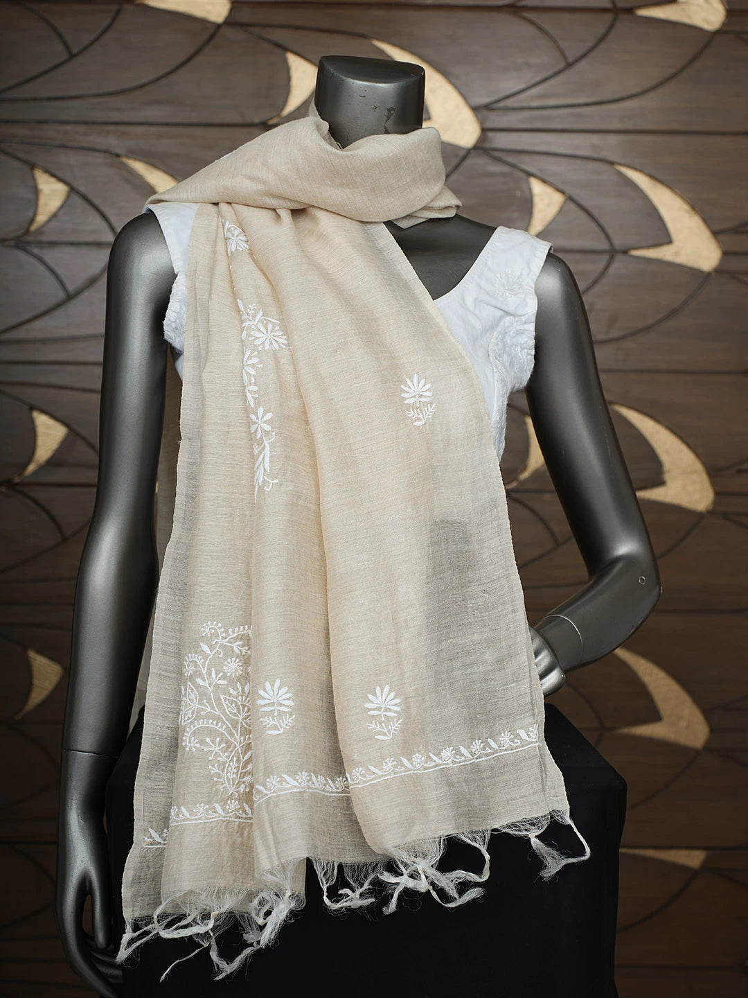 Ada Hand Embroidered Fawn Moonga Silk Lucknowi Chikankari Dupatta 01A881939