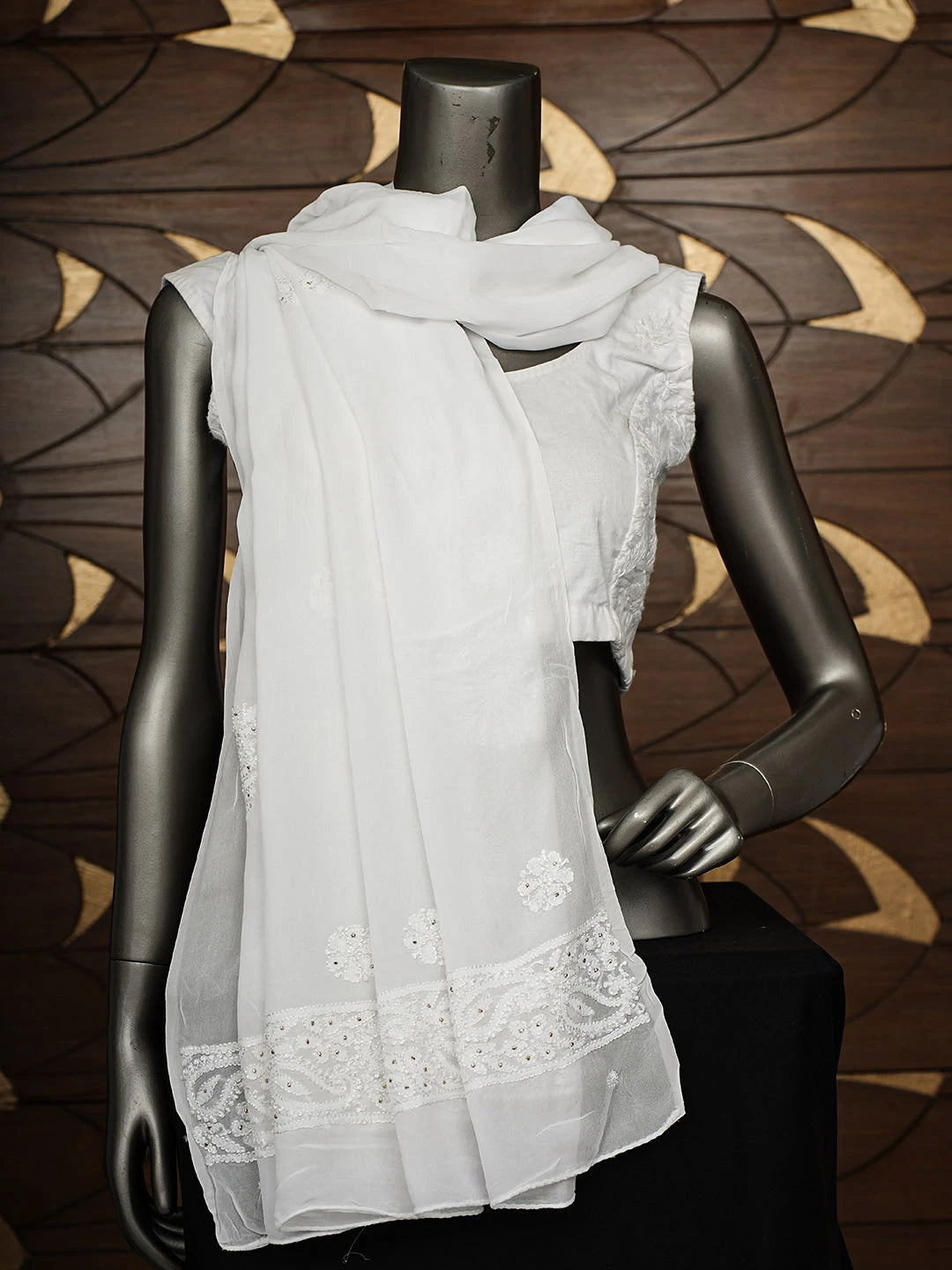 Ada Hand Embroidered White Viscose Georgette Lucknowi Chikankari Dupatta With Muqaish/Mukaish Work 01A897457