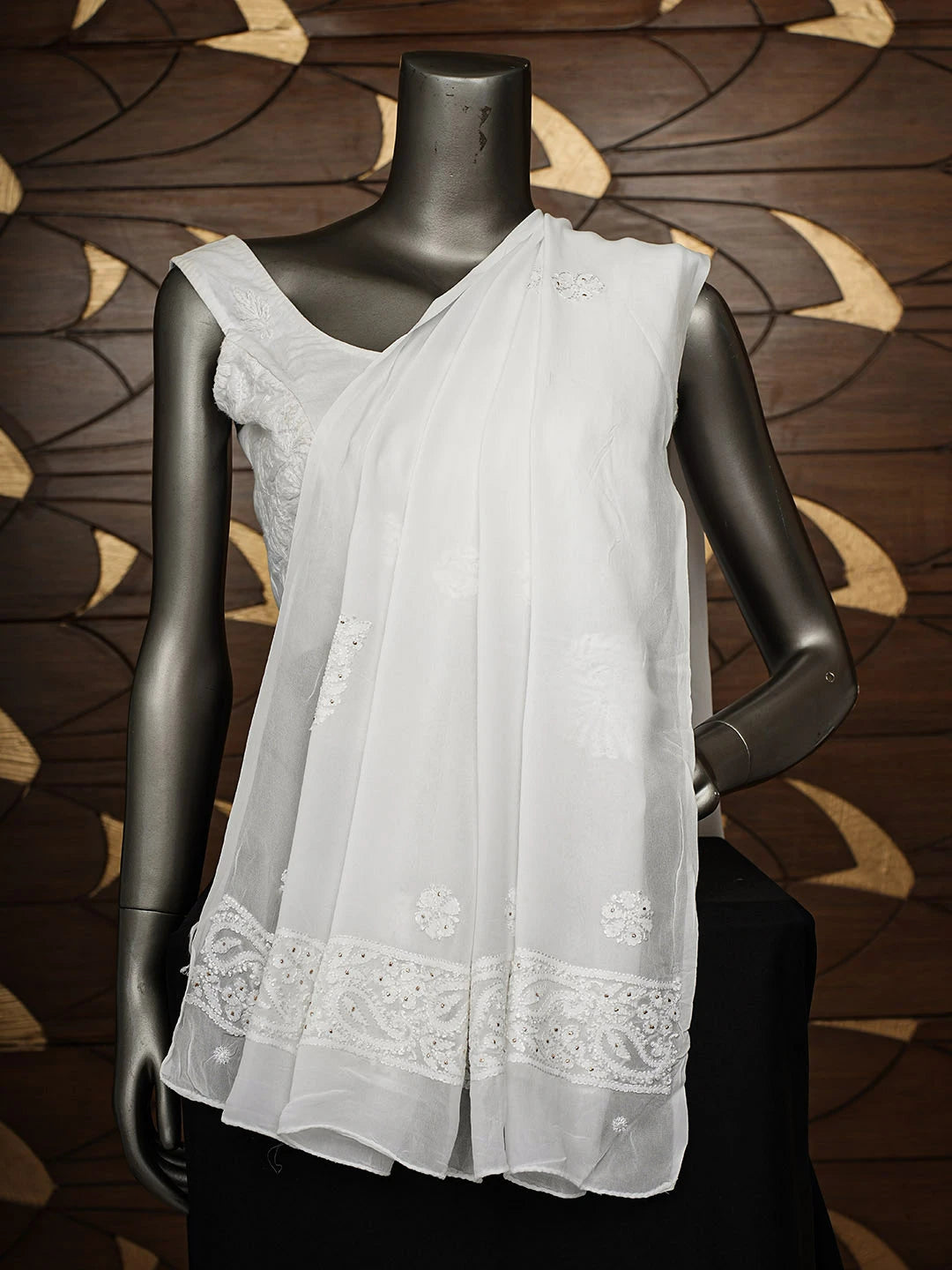 Ada Hand Embroidered White Viscose Georgette Lucknowi Chikankari Dupatta With Muqaish/Mukaish Work 01A897457