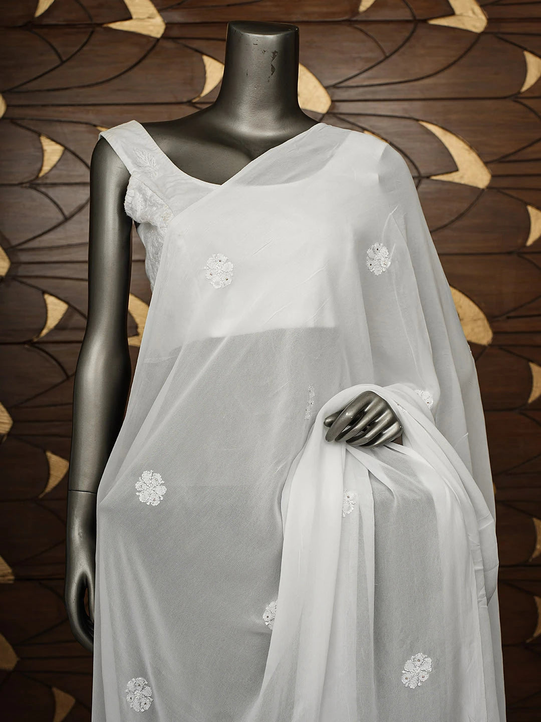 Ada Hand Embroidered White Viscose Georgette Lucknowi Chikankari Dupatta With Muqaish/Mukaish Work 01A897457