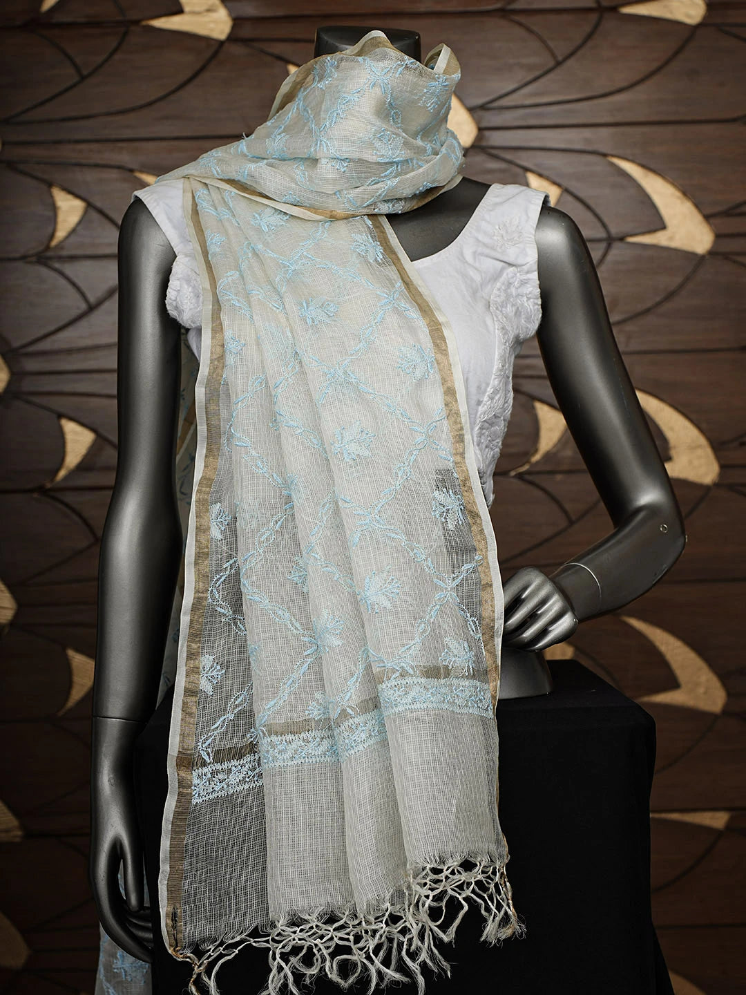 Ada Hand Embroidered Cream Kota Silk Lucknowi Chikankari Dupatta 01A908987