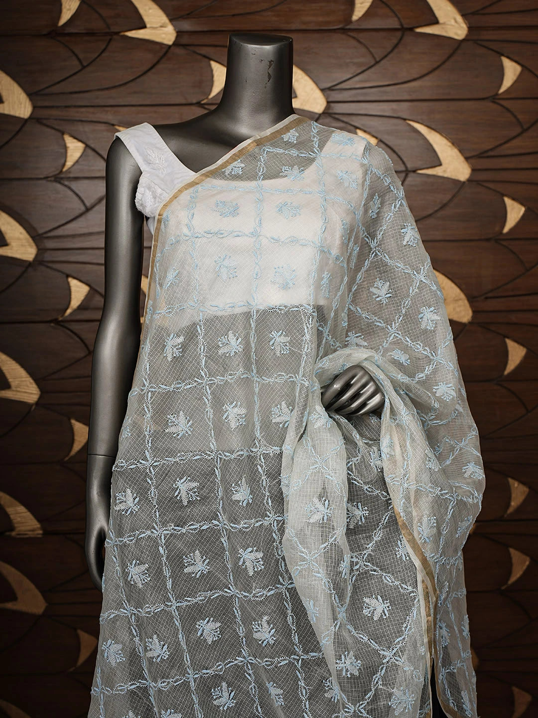 Ada Hand Embroidered Cream Kota Silk Lucknowi Chikankari Dupatta 01A908987