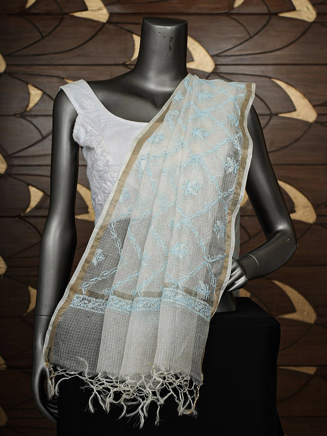 Ada Hand Embroidered Cream Kota Silk Lucknowi Chikankari Dupatta 01A908987