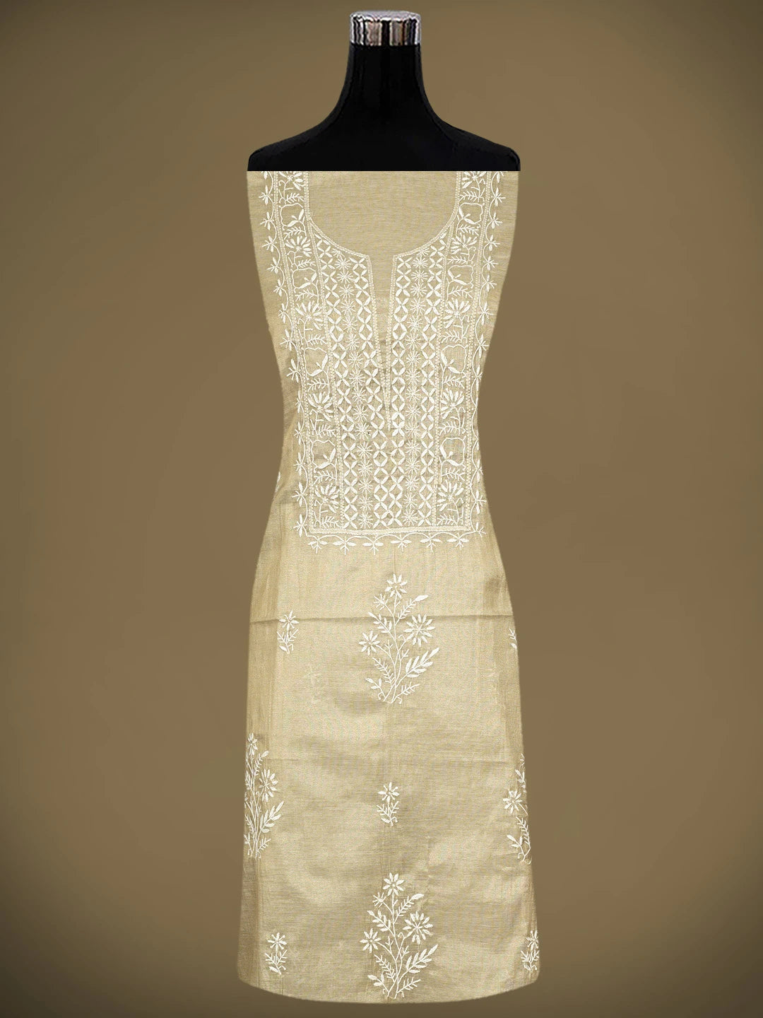 Ada Hand Embroidered Fawn Tissue Lucknowi Chikankari Unstitched Kurta Dupatta Set 01A954195