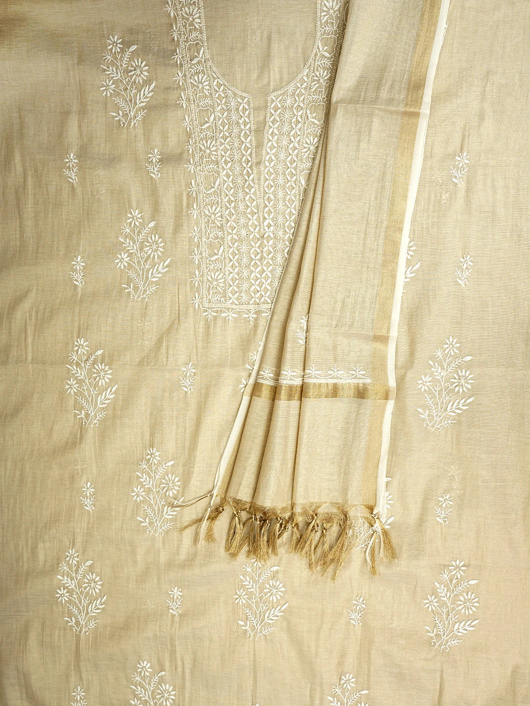 Ada Hand Embroidered Fawn Tissue Lucknowi Chikankari Unstitched Kurta Dupatta Set 01A954195