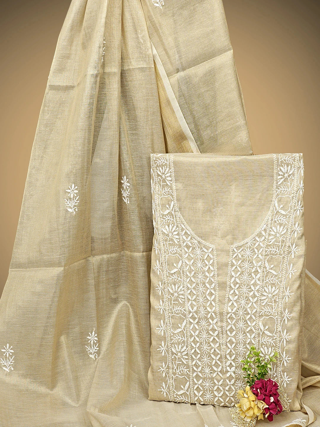 Ada Hand Embroidered Fawn Tissue Lucknowi Chikankari Unstitched Kurta Dupatta Set 01A954195