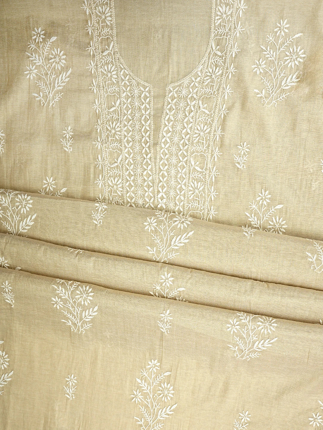 Ada Hand Embroidered Fawn Tissue Lucknowi Chikankari Unstitched Kurta Dupatta Set 01A954195