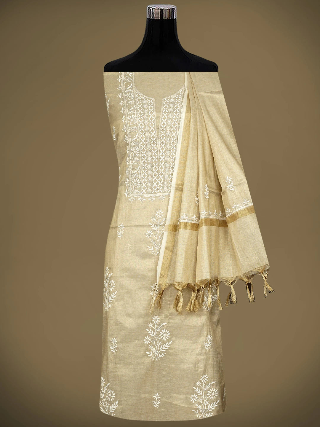 Ada Hand Embroidered Fawn Tissue Lucknowi Chikankari Unstitched Kurta Dupatta Set 01A954195