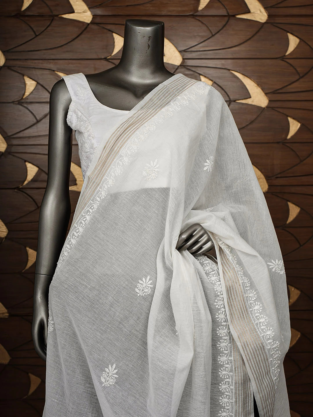 Ada Hand Embroidered White Chanderi Lucknowi Chikankari Dupatta 01A944066