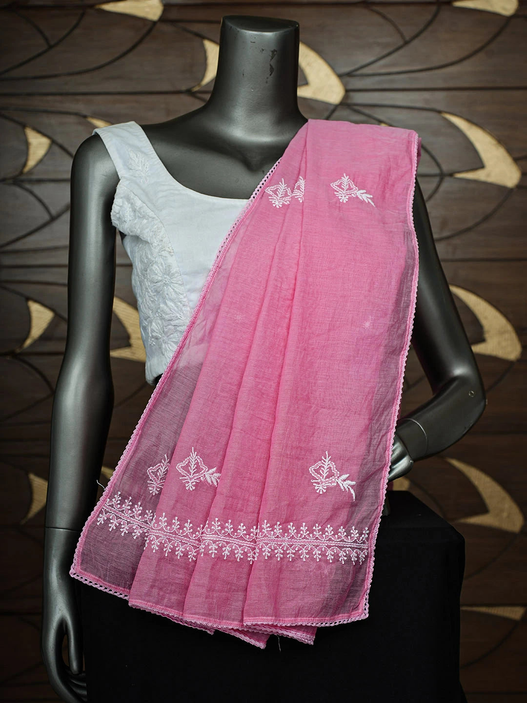 Ada Hand Embroidered Carrot Pink Chanderi Lucknowi Chikankari Dupatta 01A957308