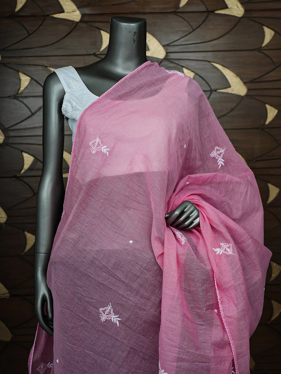 Ada Hand Embroidered Carrot Pink Chanderi Lucknowi Chikankari Dupatta 01A957308