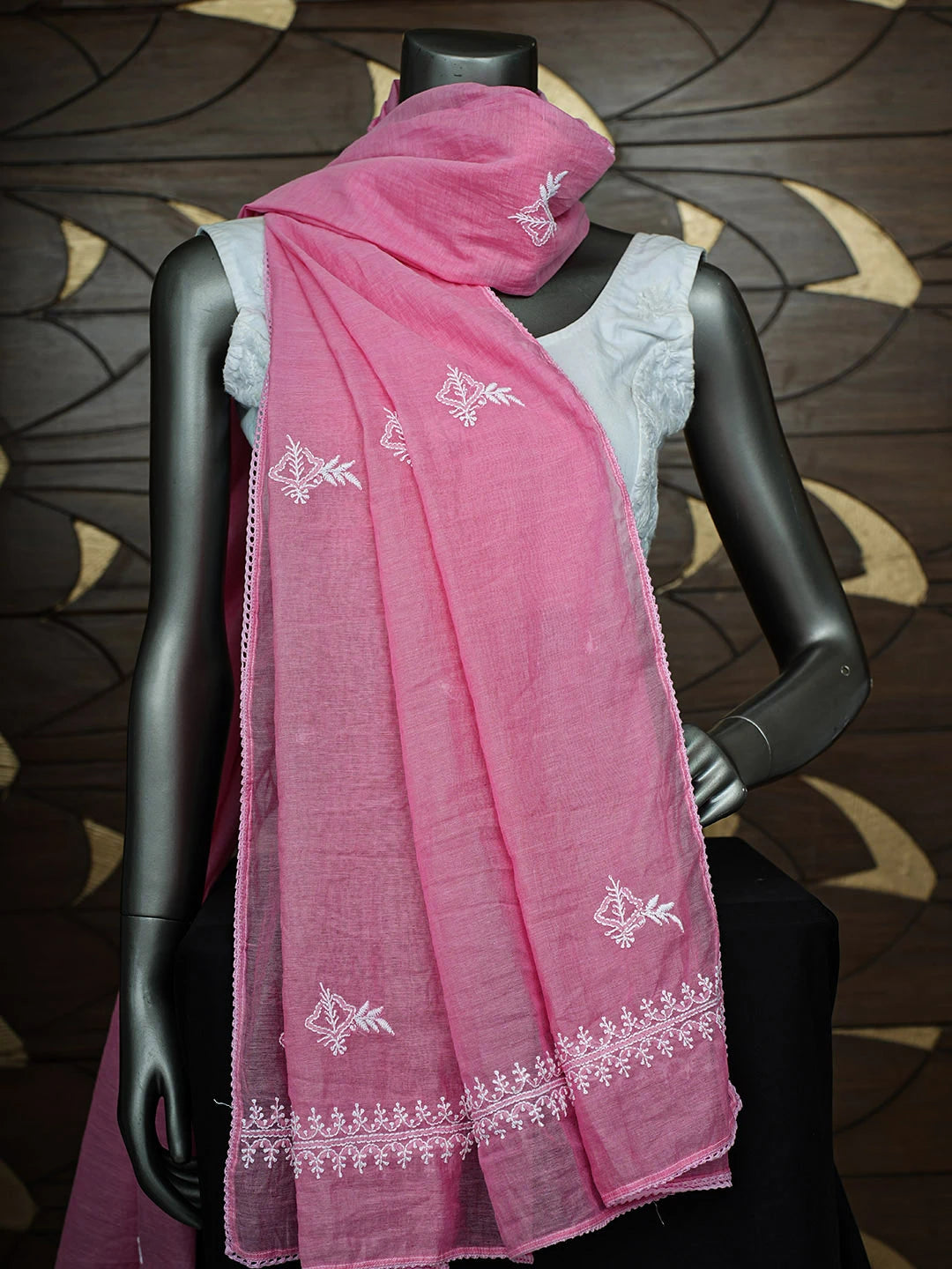 Ada Hand Embroidered Carrot Pink Chanderi Lucknowi Chikankari Dupatta 01A957308