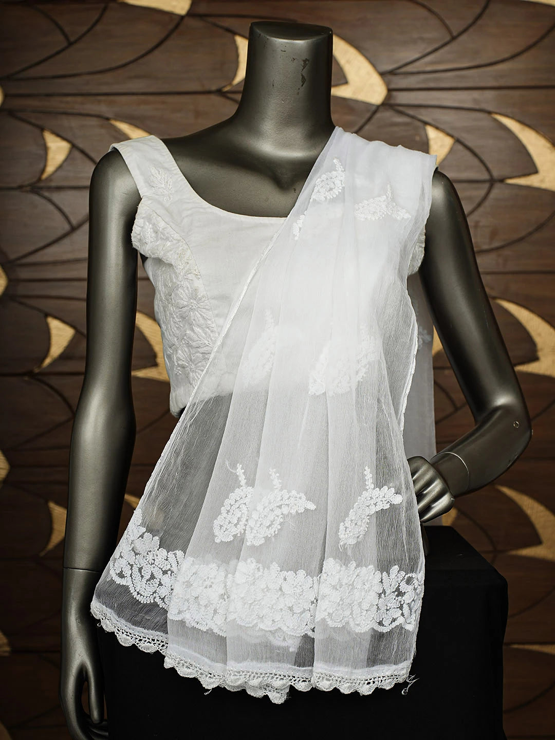 Ada Hand Embroidered White Chiffon Lucknowi Chikankari Dupatta 01A915684