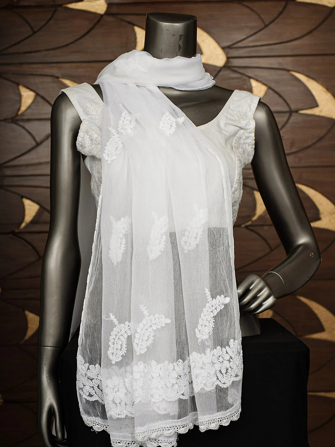 Ada Hand Embroidered White Chiffon Lucknowi Chikankari Dupatta 01A915684