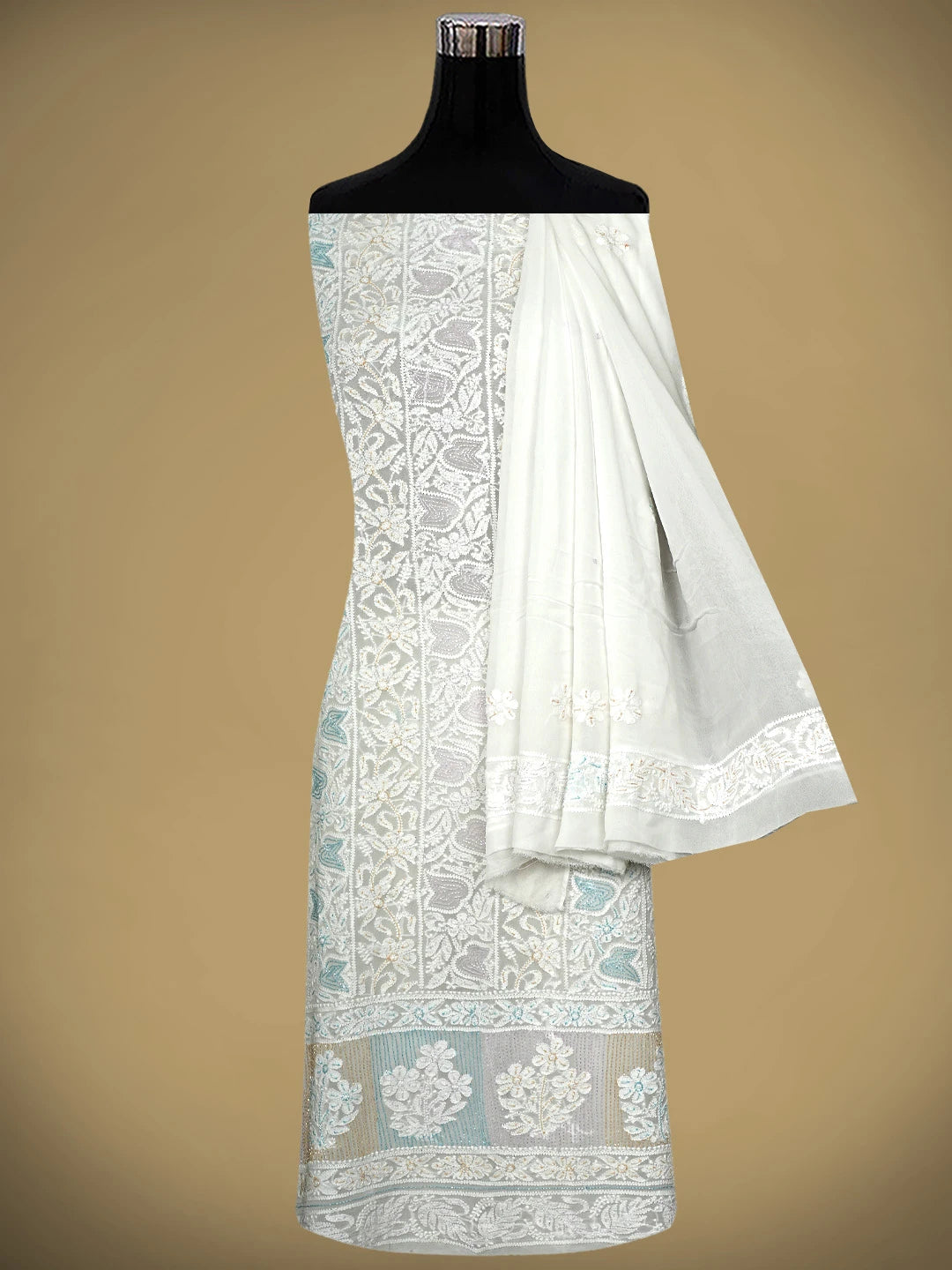 Ada Hand Embroidered White Viscose Georgette Lucknowi Chikankari Unstitched Kurta Dupatta Set With Cutdana Work 01A924813