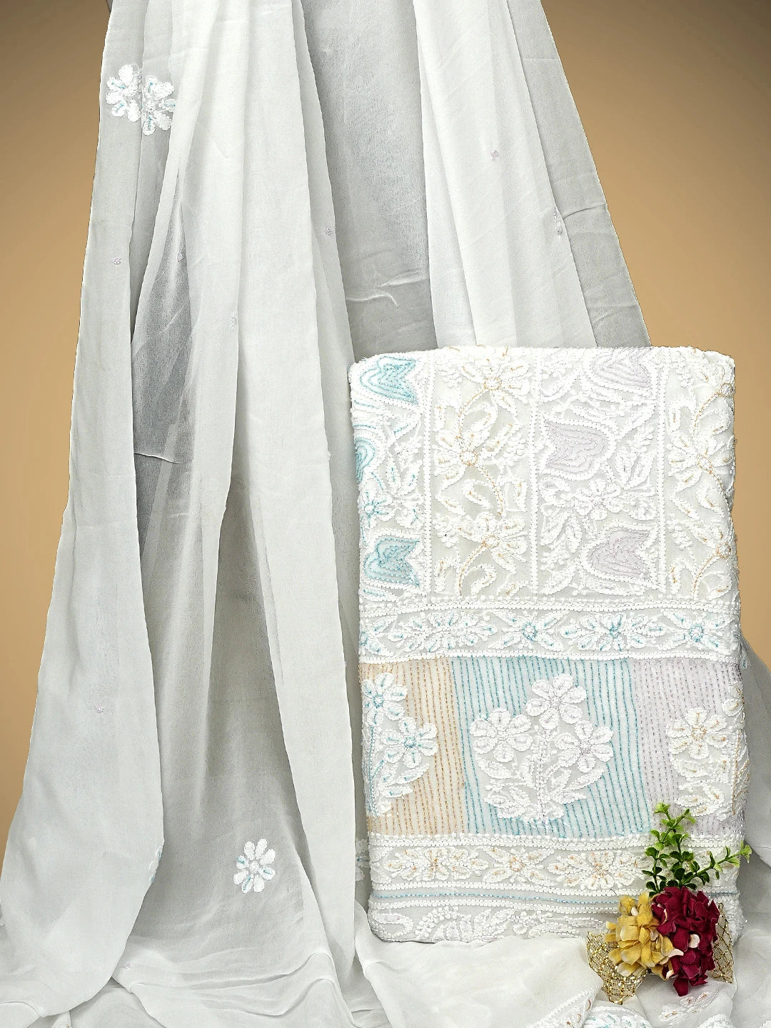 Ada Hand Embroidered White Viscose Georgette Lucknowi Chikankari Unstitched Kurta Dupatta Set With Cutdana Work 01A924813
