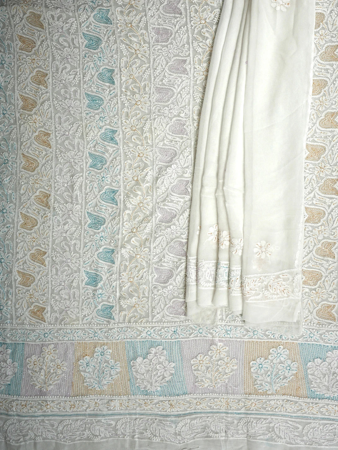 Ada Hand Embroidered White Viscose Georgette Lucknowi Chikankari Unstitched Kurta Dupatta Set With Cutdana Work 01A924813