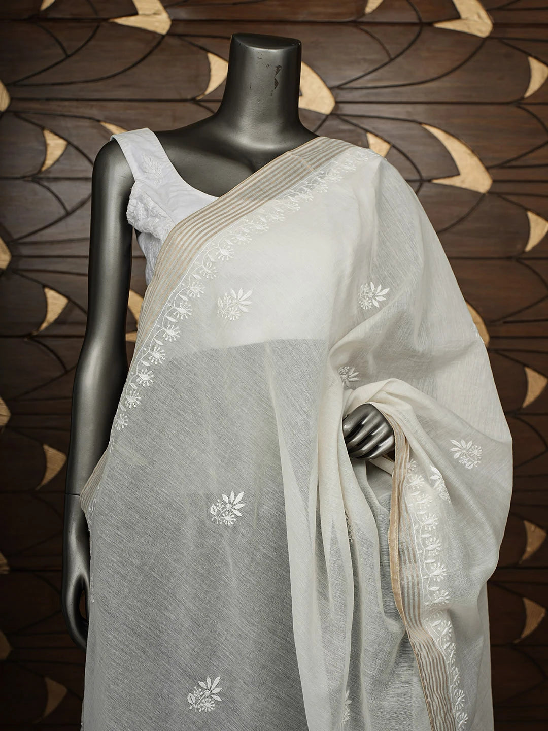 Ada Hand Embroidered Cream Chanderi Lucknowi Chikankari Dupatta 01A944892
