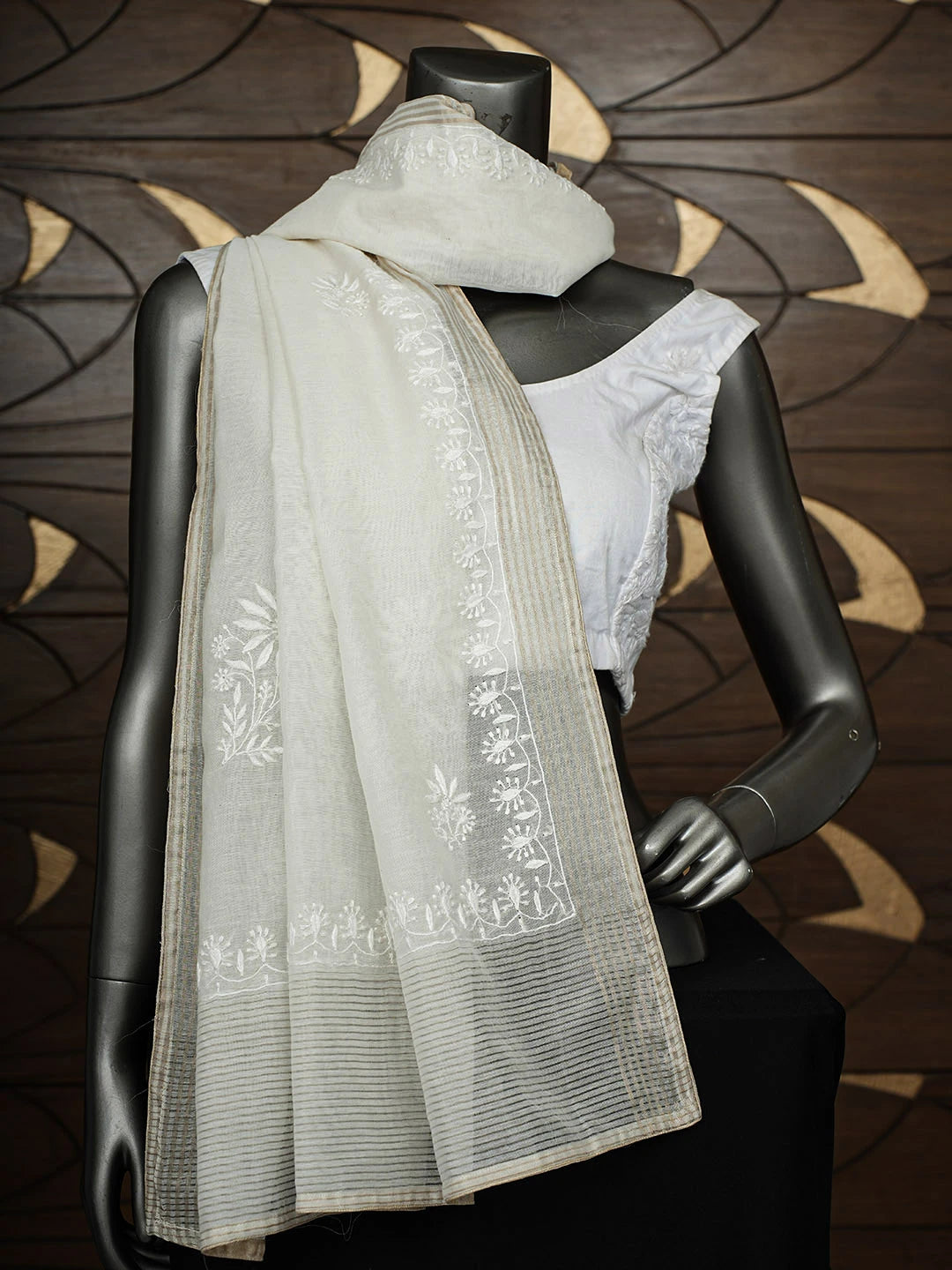 Ada Hand Embroidered Cream Chanderi Lucknowi Chikankari Dupatta 01A944892