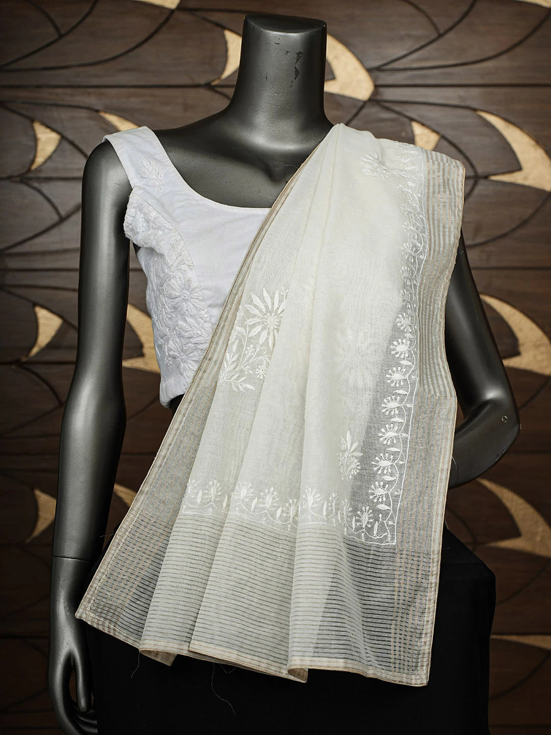 Ada Hand Embroidered Cream Chanderi Lucknowi Chikankari Dupatta 01A944892