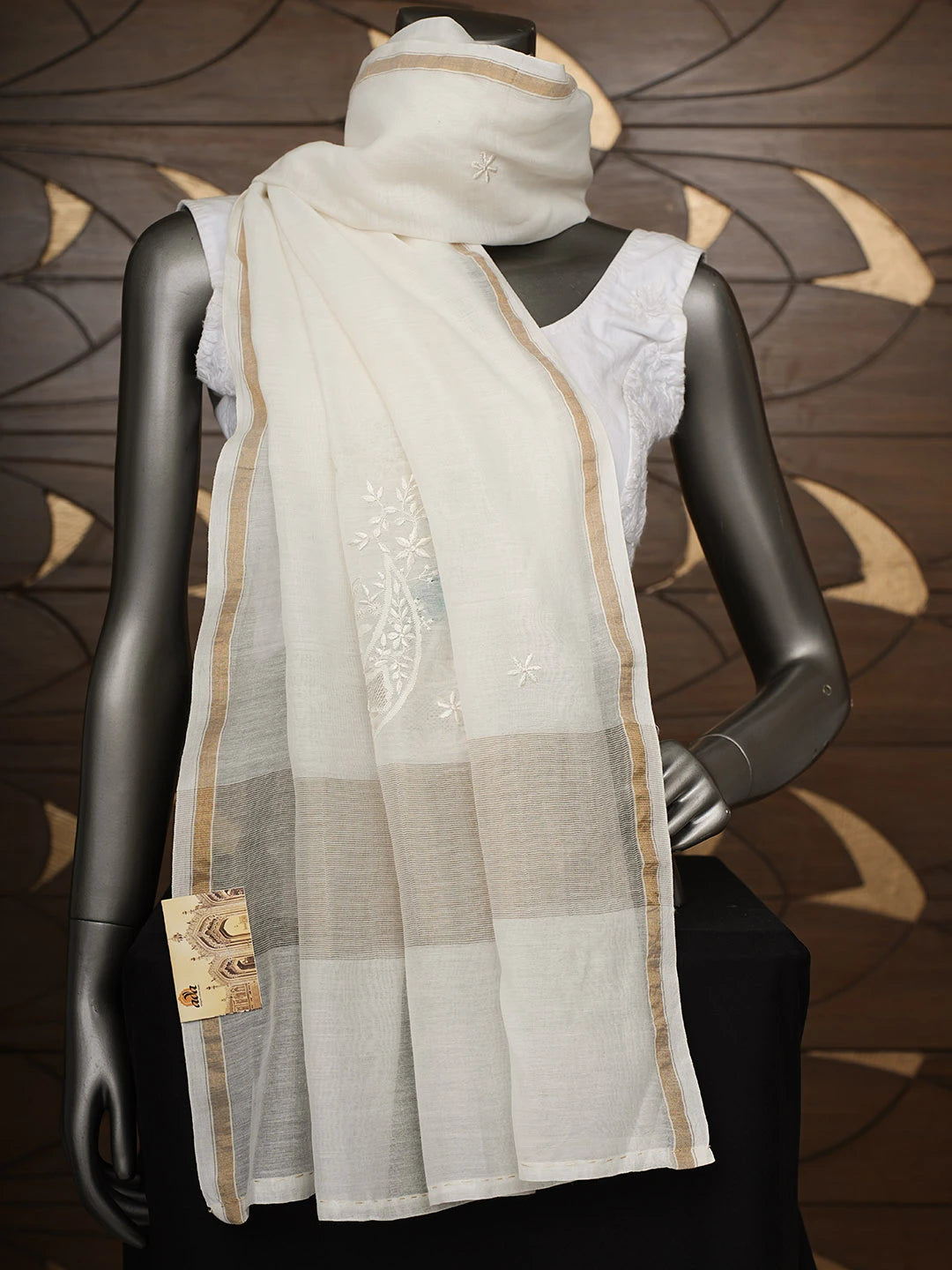Ada Hand Embroidered White Chanderi Lucknowi Chikankari Dupatta 01A943582