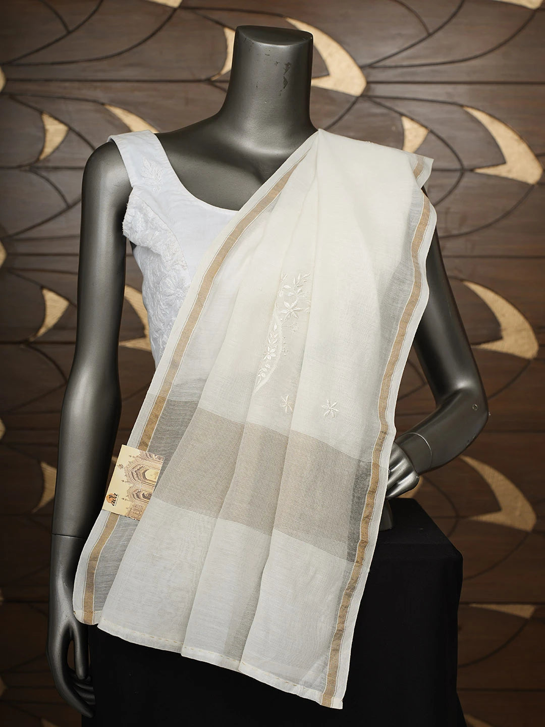 Ada Hand Embroidered White Chanderi Lucknowi Chikankari Dupatta 01A943582