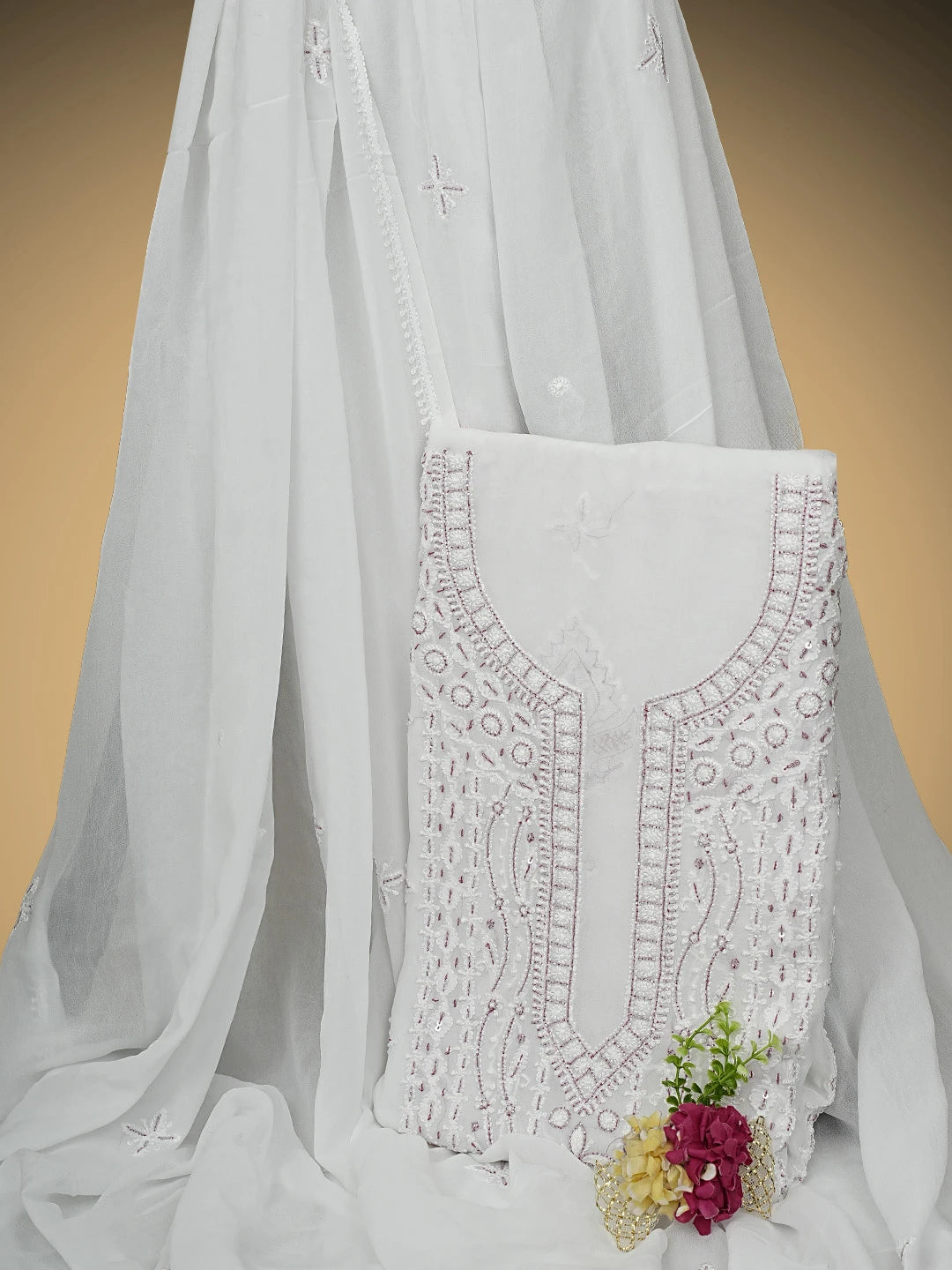 Ada Hand Embroidered White Viscose Georgette Lucknowi Chikankari Unstitched Kurta Dupatta Set With Cutdana Work 01A922555