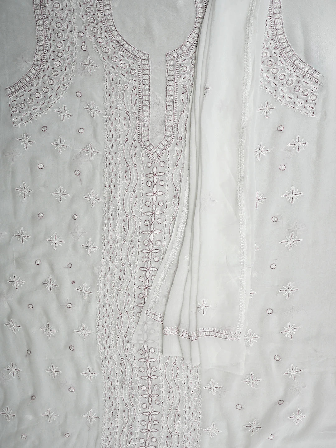 Ada Hand Embroidered White Viscose Georgette Lucknowi Chikankari Unstitched Kurta Dupatta Set With Cutdana Work 01A922555