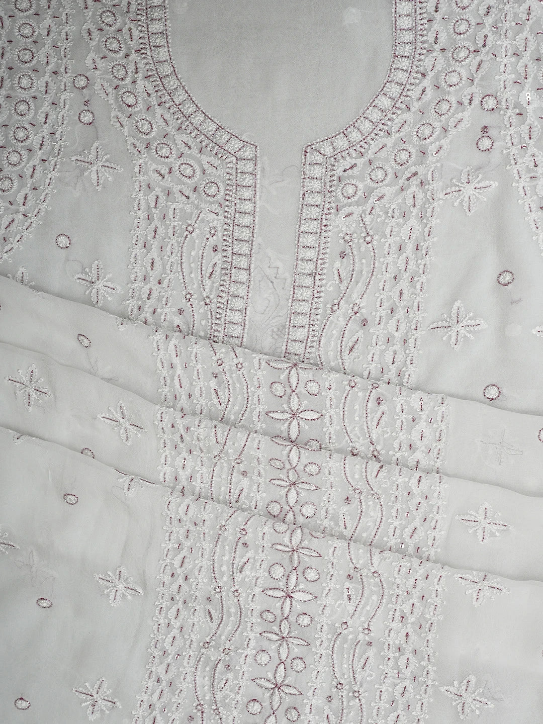 Ada Hand Embroidered White Viscose Georgette Lucknowi Chikankari Unstitched Kurta Dupatta Set With Cutdana Work 01A922555